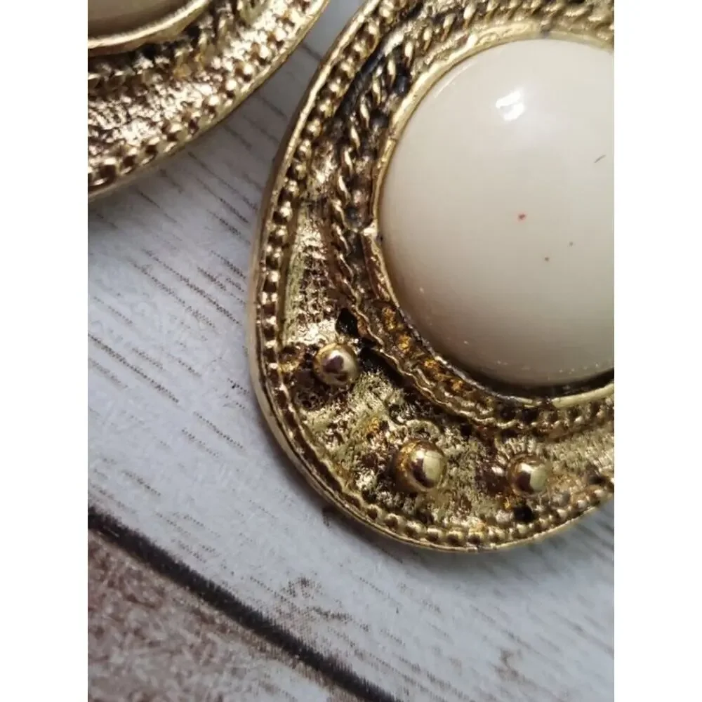 Vintage Clip On Earrings Statement Oval Shape Cream & Gold Tone Large
